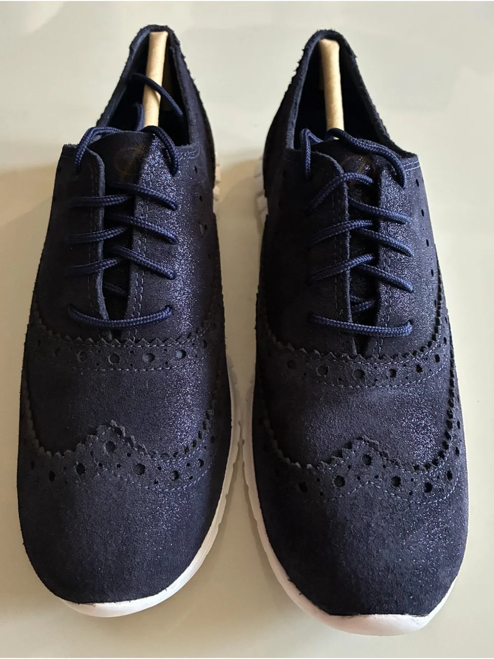 Cole Haan Navy Suede Wingtip Derby with White Sole